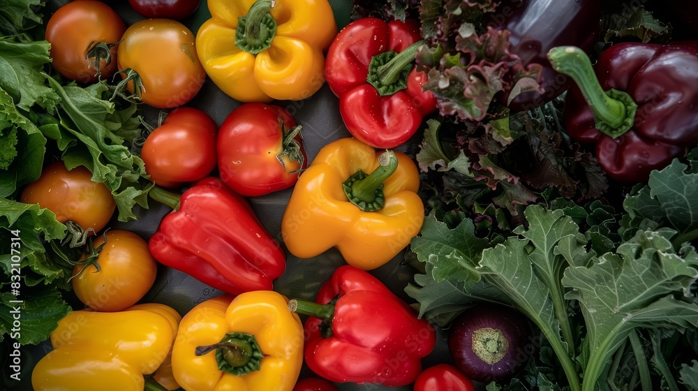 Fresh vegetables background of a colorful assortment of bell peppers, carrots, and leafy greens, showcasing the beauty of healthy eating