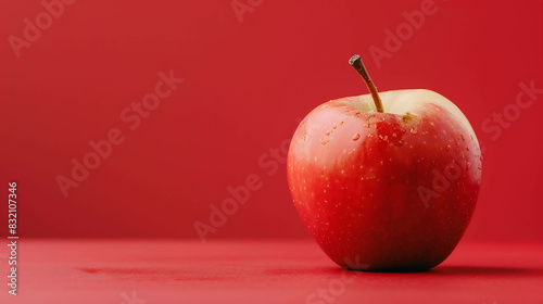 A beautiful red apple with water drops on its skin sits on a red surface against a red background. photo