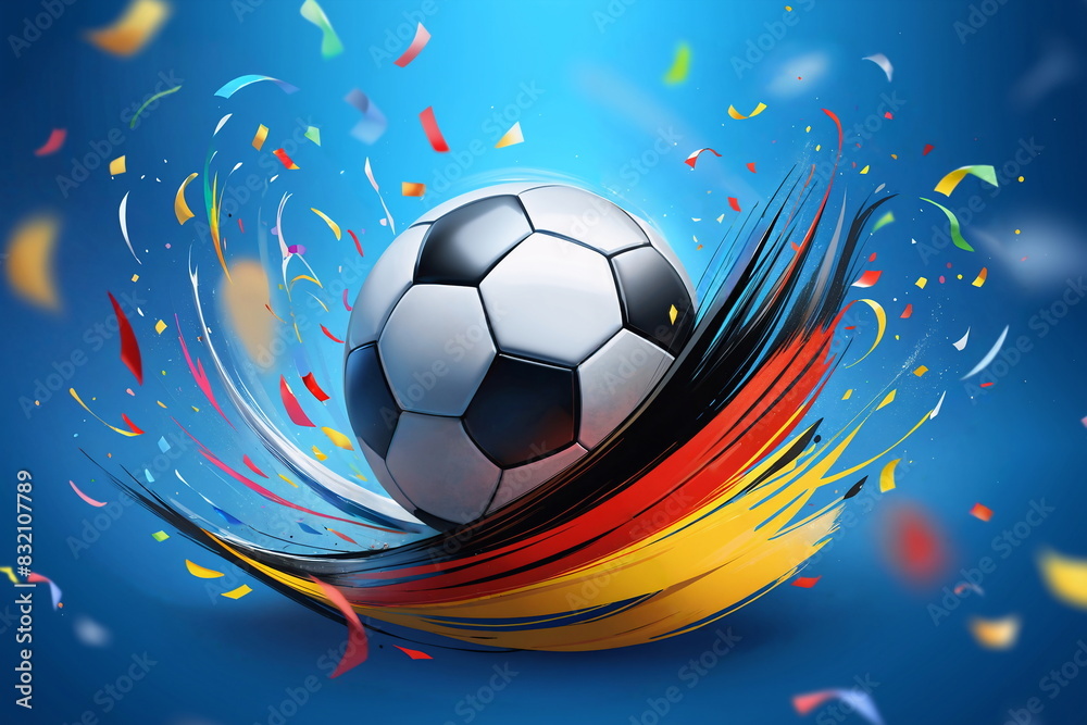 Naklejka premium Soccer ball with confetti and German flag brush strokes on blue background. For sports-themed party invitation, emphasizing excitement and celebration.