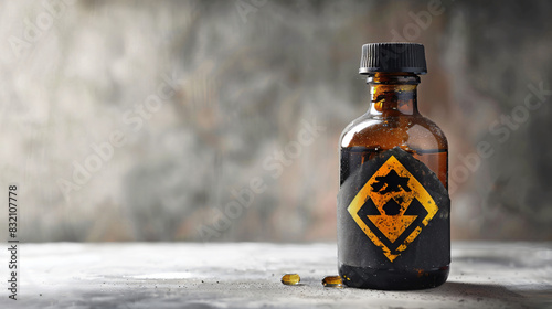 Bottle of toxic household chemical with warning sign 