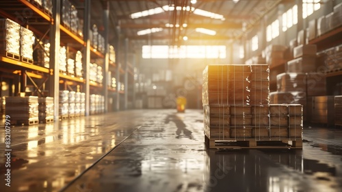 Warehouse scene with focused pallets of goods and a blurred background, showcasing noon light and a technology style. Ideal for industrial and commercial use