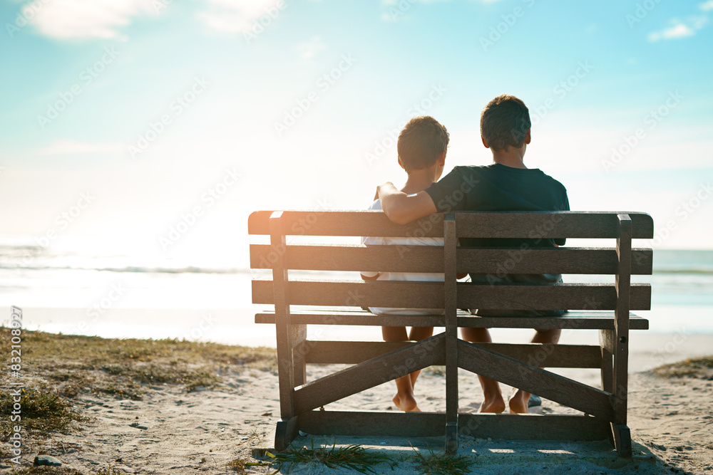 Love, children and brothers hug on beach bench at sunset with care, trust and bonding on vacation together. Ocean, travel or back of kid siblings at sea embrace on adventure, journey or Istanbul trip Love, children and brothers hug on beach bench at sunset with care, trust and bonding on vacation together. Ocean, travel or back of kid siblings at sea embrace on adventure, journey or Istanbul trip
