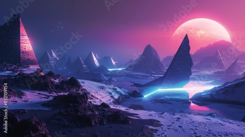 Modern futuristic neon abstract landscape of a tundra with glowing geometric shapes and alien fauna, cyberpunk 80s color, banner template sharpen with copy space