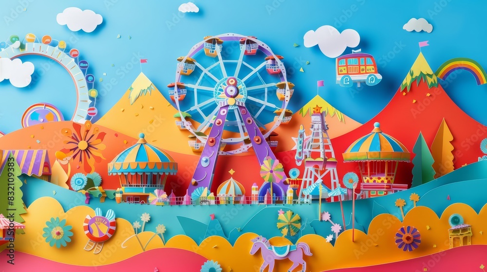 Paper art and craft style of a vibrant carnival scene, with colorful rides, playful clowns, and joyful crowds, cyberpunk 80s color, kawaii template sharpen with copy space Paper art and craft style of a vibrant carnival scene, with colorful rides, playful clowns, and joyful crowds, cyberpunk 80s color, kawaii template sharpen with copy space