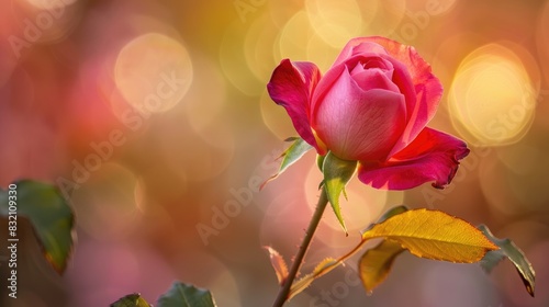 Pink rose bud on stem with leaves in close up against blurred natural background with shallow depth of field