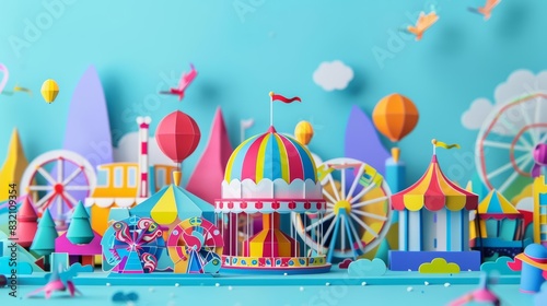 Paper art and craft style of a vibrant carnival scene  with colorful rides  playful clowns  and joyful crowds  cyberpunk 80s color  kawaii template sharpen with copy space