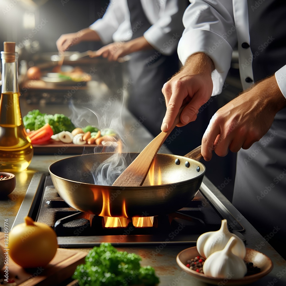 Closeup chef cook preparing food on pan in a modern restaurant kitchen. Closeup chef cook preparing food on pan in a modern restaurant kitchen.