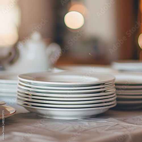 Experience the satisfaction of readiness with this close-up of impeccably stacked clean plates
