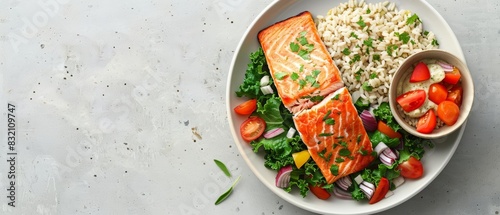 Proper nutrition banner of a balanced meal including baked salmon, brown rice, and sauteed greens, set against a minimalist background