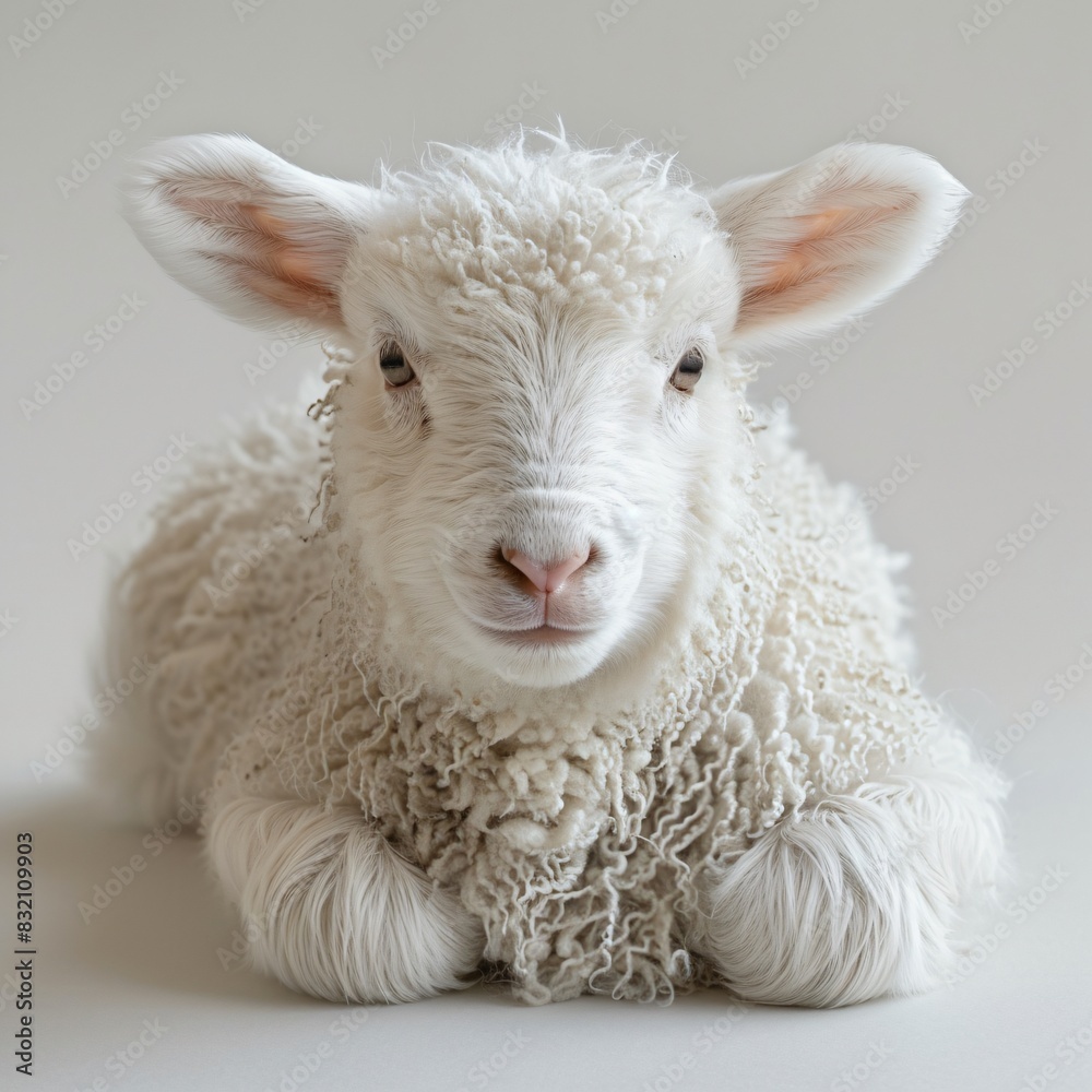 Fototapeta premium Adorable White Lamb Resting on White Background