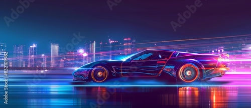 Show colorful glow HUD icon of a vibrant sports car, set against a dynamic cityscape, in a synth wave style with copy space photo