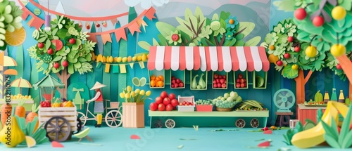 Trendy art paper collage design of a lively farmers market, with fresh produce, handmade crafts, and cheerful vendors, paper cut styles, banner template sharpen with copy space photo