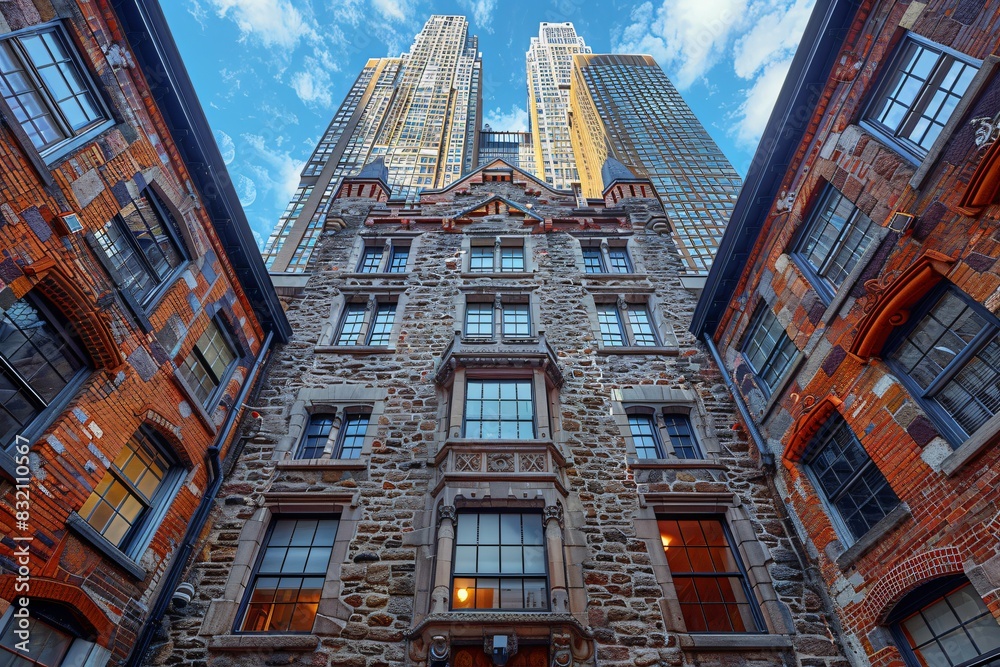 Fototapeta premium Historic Stone Building Surrounded by Modern Skyscrapers