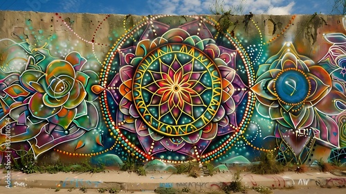 A wall with graffiti art that resembles the intricate patterns of a mandala, concentric circles and geometric symmetry