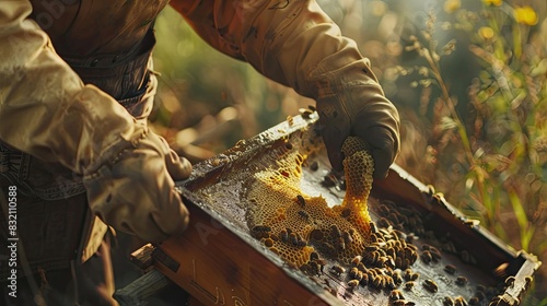 Beekeeper inspects frame filled with beeswax, honey, home production. Beauty of nature, apiary, freshly collected honey, beekeeping, agriculture, delicacy, protective suit. Generative by AI. © Кирилл Макаров