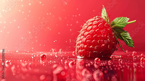 Close-up of a fresh raspberry with water droplets on a red background. photo
