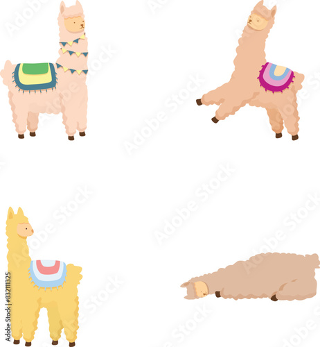 Collection of cute, illustrated llamas in standing, jumping, and lying down poses