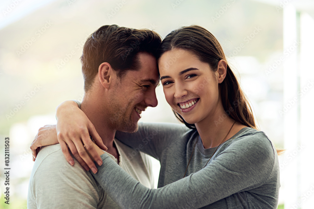 Woman, portrait and hug in home for marriage, date and together for relationship in apartment. Romance, support and partnership in countryside for love, peace and connection with man for commitment Woman, portrait and hug in home for marriage, date and together for relationship in apartment. Romance, support and partnership in countryside for love, peace and connection with man for commitment