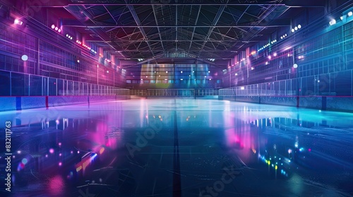 Hockey arena with colorful lights illuminating the ice. Hockey, break between matches, reflections, bright lighting, skating, performance on ice. Generative by AI.