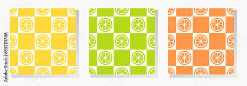 Yellow lemon, green lime and orange on beige checkered background. Vector seamless pattern in soft retro pastel colors.