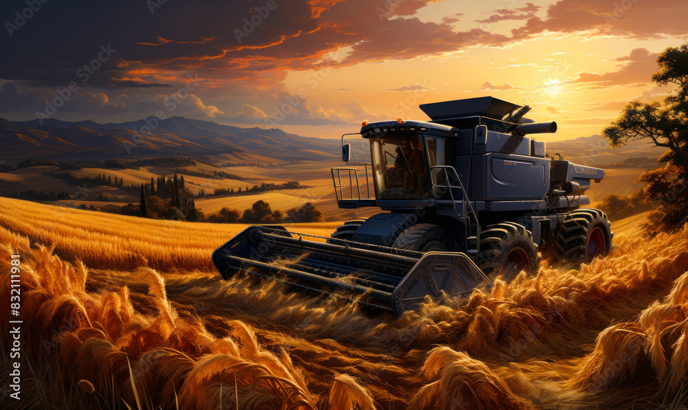 Fototapeta premium Harvester in wheat field at sunset