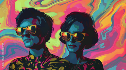 High fashion cool hipsters with psychedelic clothes and vintage sunglasses from the 1960s. generative AI