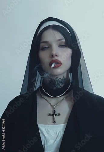 Tattooed Nun Smoking a Cigarette, Blending Tradition, Modernity, and Rebellion
