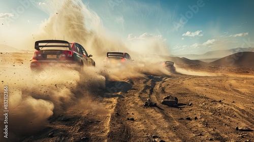 Rally cars kick up dust on a rough desert track. Mexico, desert, high speeds, training ride, racing, car simulators, image for poster, intensity and excitement, off road racing. Generative by AI. © Кирилл Макаров