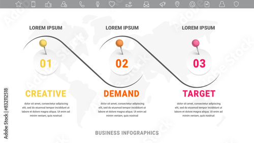 Vector timeline infographics template with three circles and options. Modern Timeline infograph with 3 steps. Futuristic Template