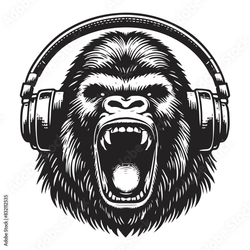Gorilla wearing headphones with woodcut print style