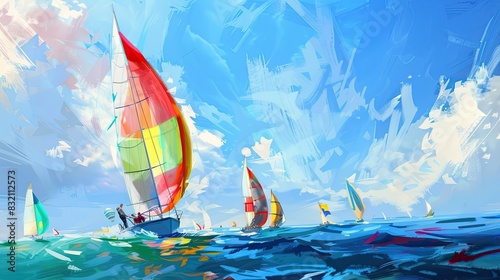 Sailing regatta with colorful sails billowing in wind, sailboats cut through ocean, waves, calm sea, sun, drawn style, resort vacation, swimming, outdoor recreation. Generative by AI. © Кирилл Макаров