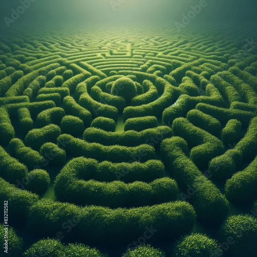 An aerial view of a vast, intricate green maze with a lone figure navigating its paths.