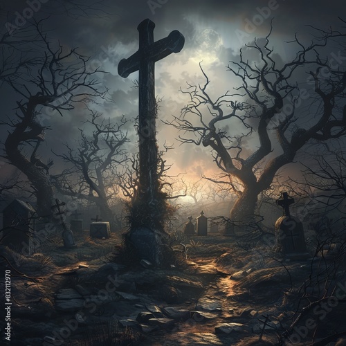 Ornate Cross in Misty Old Graveyard
