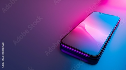 A sleek smartphone sits on a reflective surface. Its screen is aglow with a vibrant gradient of blue and pink. The phone is tilted at a slight angle. © Nurlan