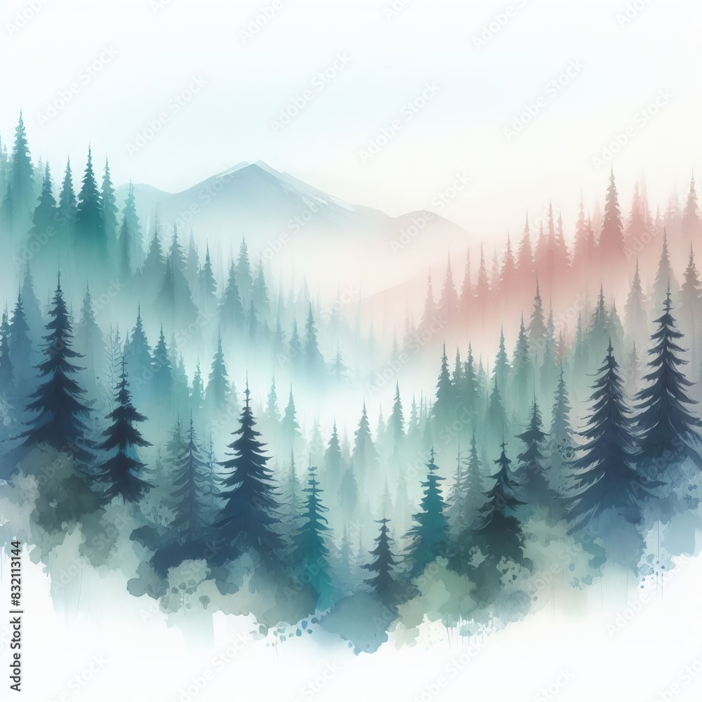 coniferous forest in the haze. Abstract art print. . Prints, wallpapers, posters, cards, murals, rugs, hangings