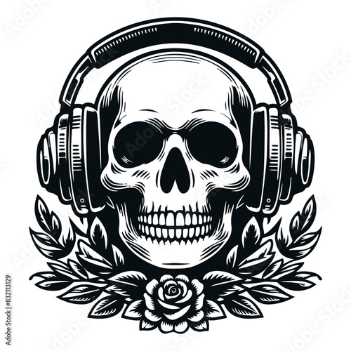 Skull-wearing headphones decorated with roses