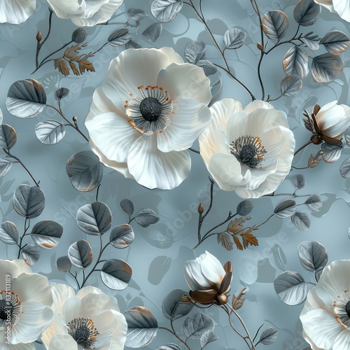 Seamless decorative blue and white flowers pattern background