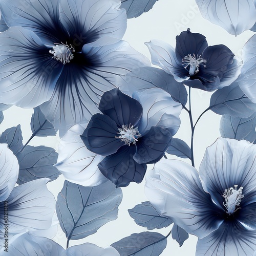 Seamless decorative blue and white flowers pattern background