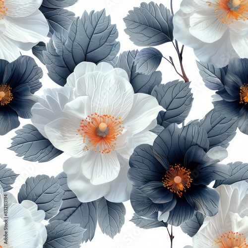 Seamless decorative blue and white flowers pattern background