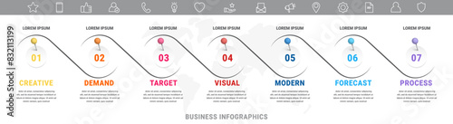 Vector timeline infographics template with seven circles and options. Modern Timeline infograph with 7 steps. Futuristic Template