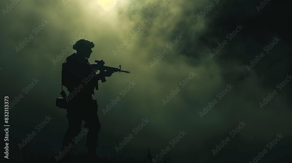 Silhouette of man with assault rifle on dark toned foggy background Silhouette of man with assault rifle on dark toned foggy background