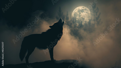 Silhouette of a howling wolf against a dark background of fog and full moon