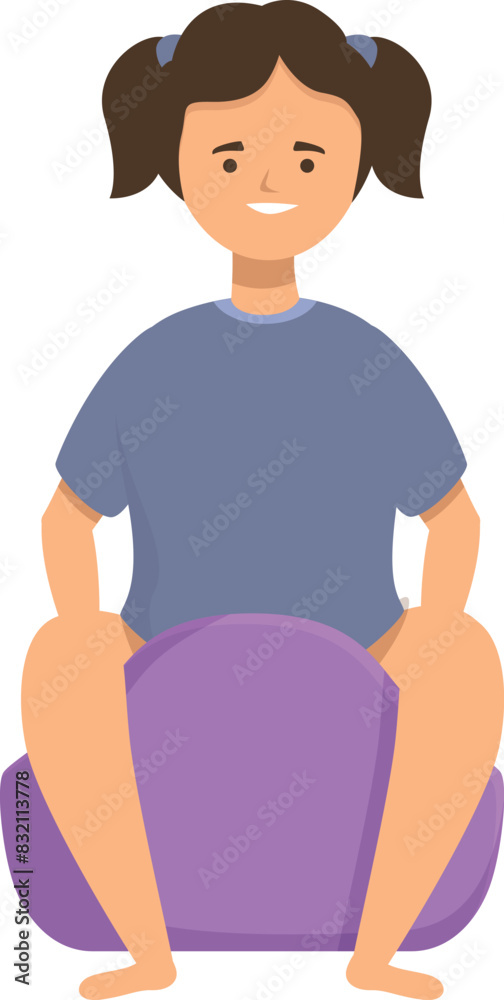 Obraz premium Cartoon of a smiling young girl sitting on a purple exercise ball, hands on thighs