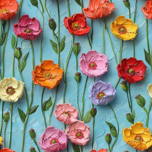 Seamless oil paint colorful flowers pattern 