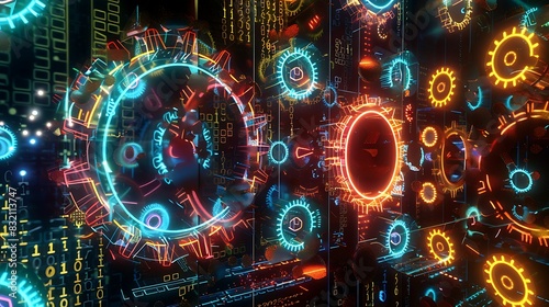 An abstract clockwork mechanism composed of intricate neon gears, each representing a byte of information