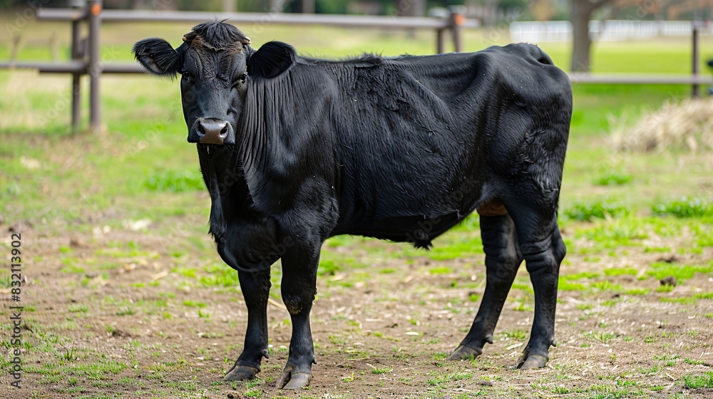 Black Cow standing gracefully in its natural habitat on a lush ranch Black Cow standing gracefully in its natural habitat on a lush ranch