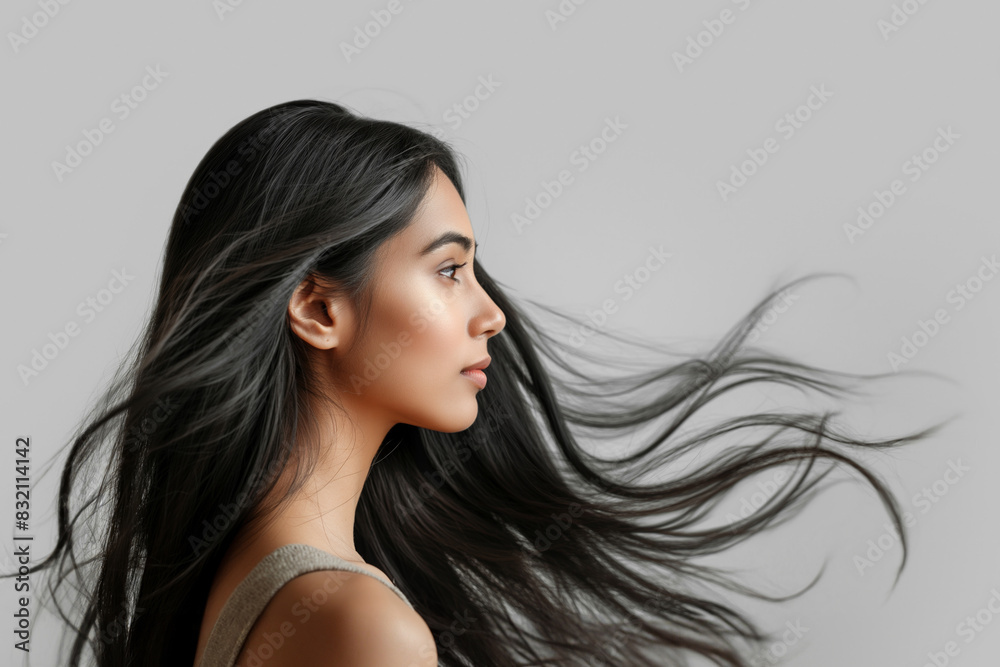 Profile of an Indian woman with long black hair flowing in the wind against a grey background Profile of an Indian woman with long black hair flowing in the wind against a grey background
