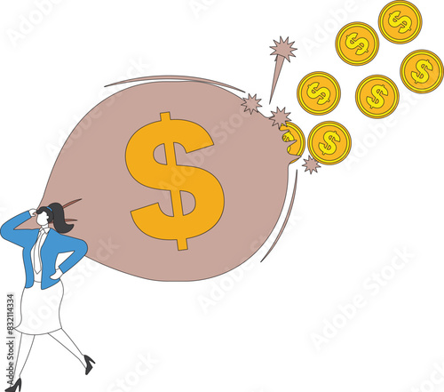 Businesswoman losing money, from sack bag stock illustration