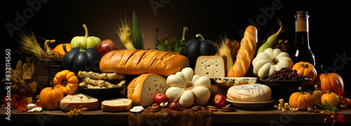 Table is filled with variety of food items including bread cheese and pumpkins