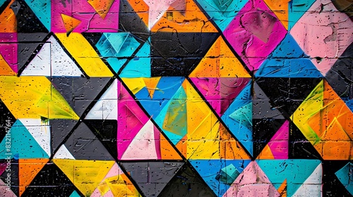 An abstract graffiti wall with a pattern of tessellated triangles